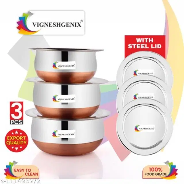 Stainless Steel Copper Bottom Handi Pot Set with Lid, Silver, Set of 3