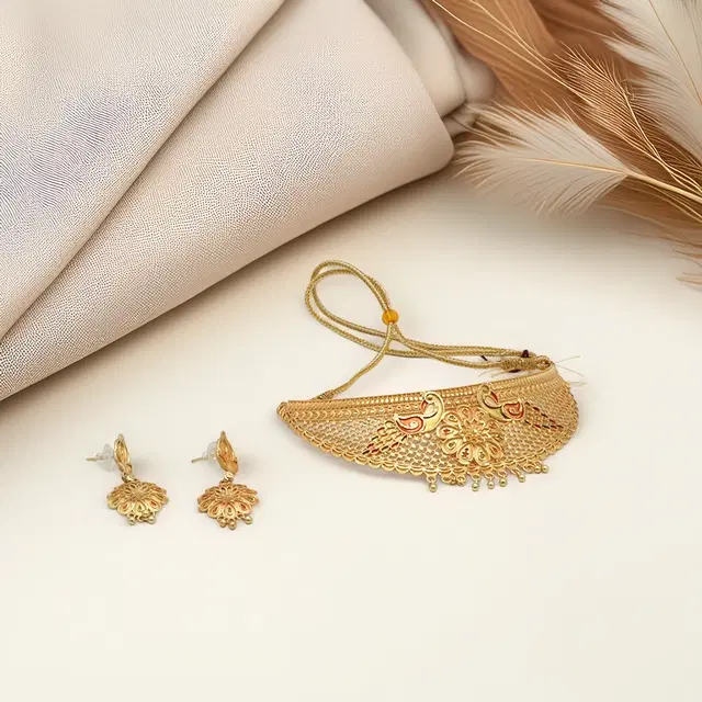 Gold Plated Necklace with Earrings Set for Women, Gold (Set of 1)