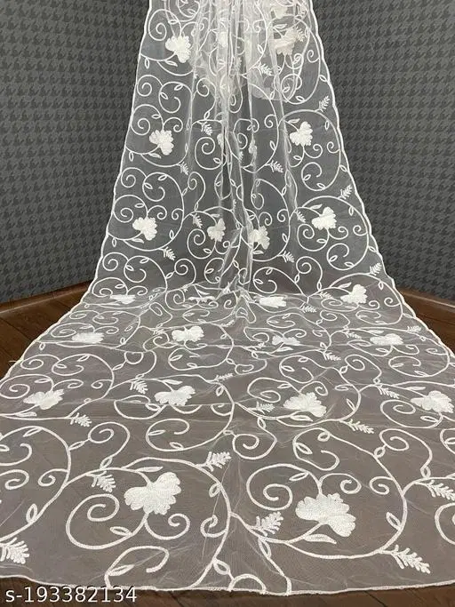 Botanical Embroidered Net Dupatta for Women (White, Free Size)
