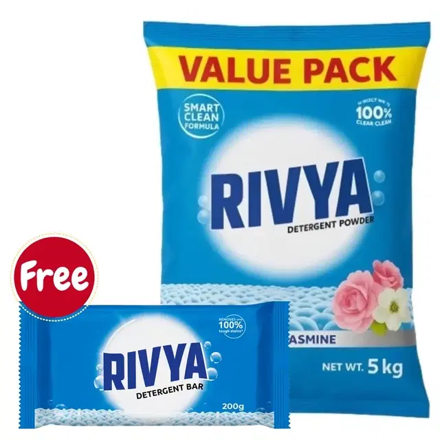 Rivya Rose & Jasmine Detergent Powder 5 kg + Rivya Detergent Bar 200 g (Free)