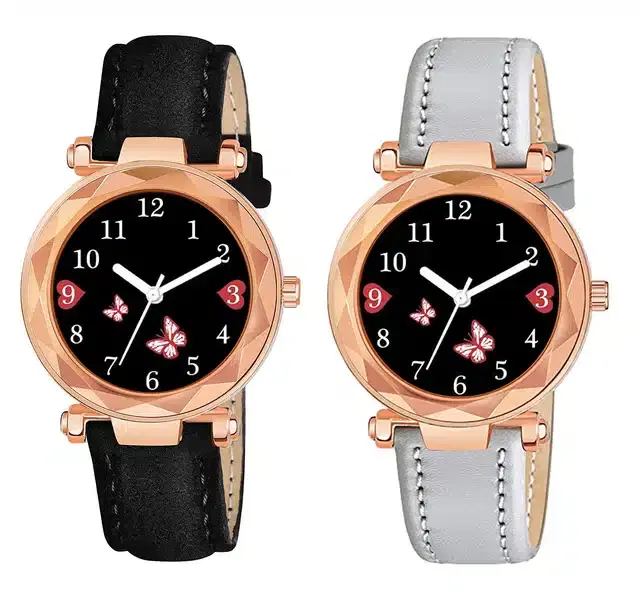 Designer Leather Analog Watch for Women & Girls, Pack of 2 (Black & Grey)