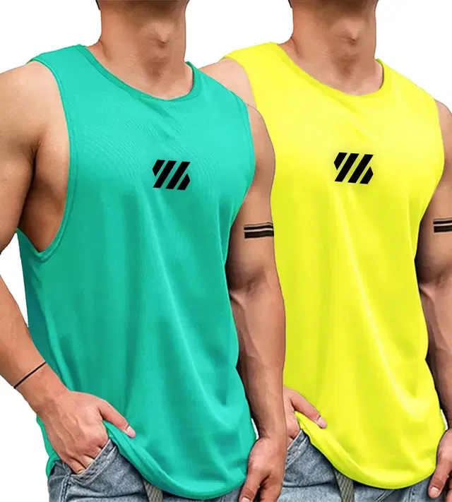Polyester Printed Vest for Men, Pack of 2 (Green & Yellow, M)