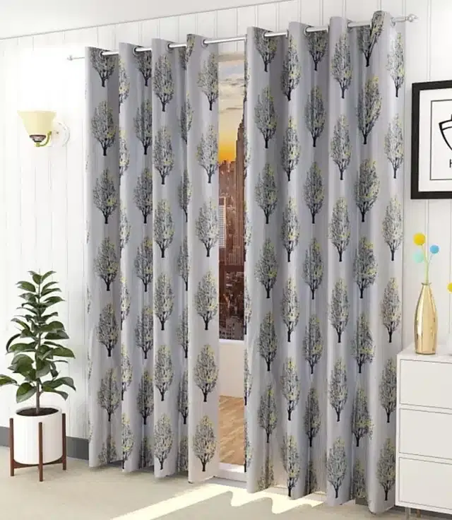 Polyester Printed Window & Door Curtains, Pack of 2, Grey, 5 feet
