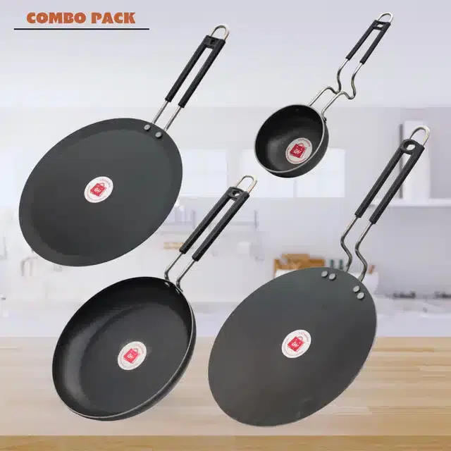 Frying Pan & Tawa Set, Pack of 4, Black, 1000 ml