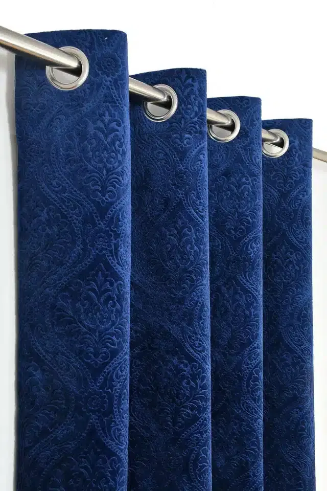 Velvet Printed Window & Door Curtains, Pack of 2, Blue, 5 feet