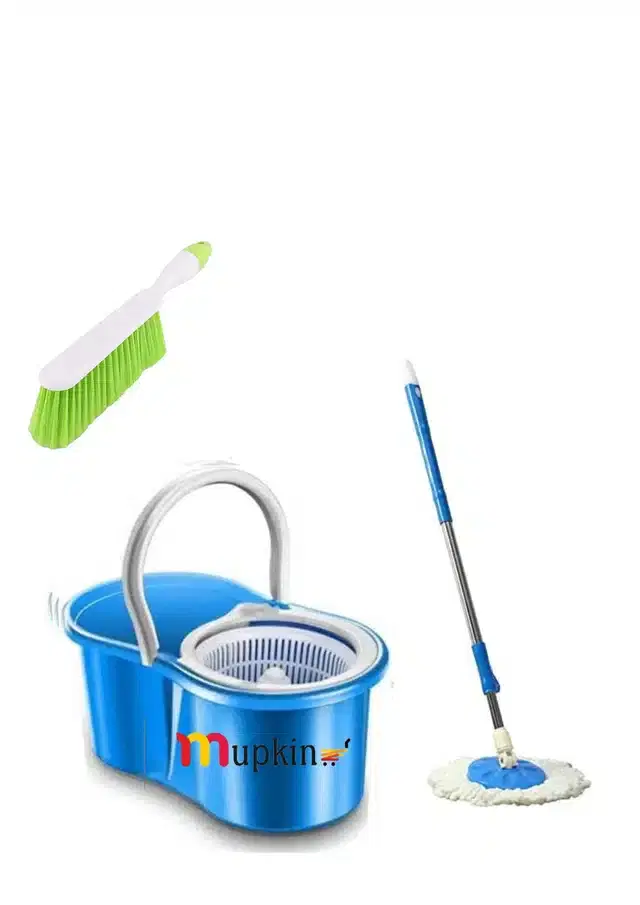 PVC Magic Spin Bucket Mop with Cleaning Brush Set, Blue, Set of 2
