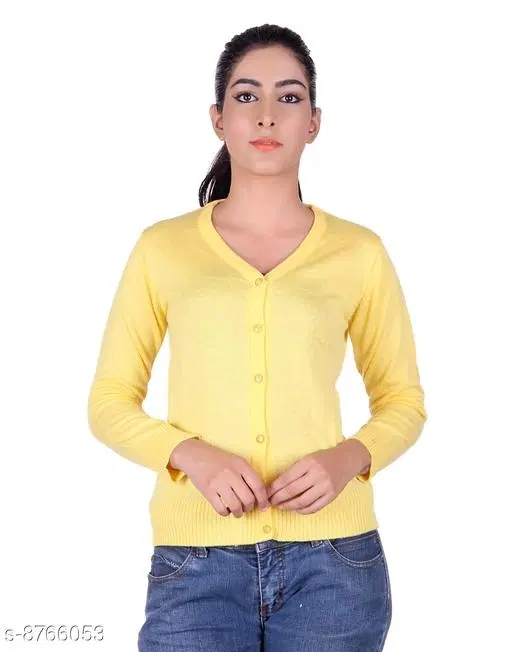 Acrylic Solid Sweater for Women (Yellow, L)