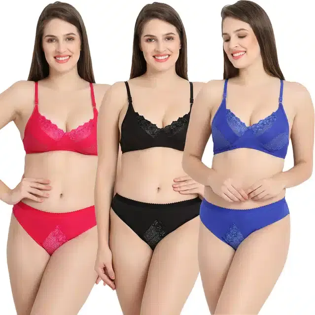 Cotton Blend Lingerie Set for Women, Set of 3 (Multicolor, 30)