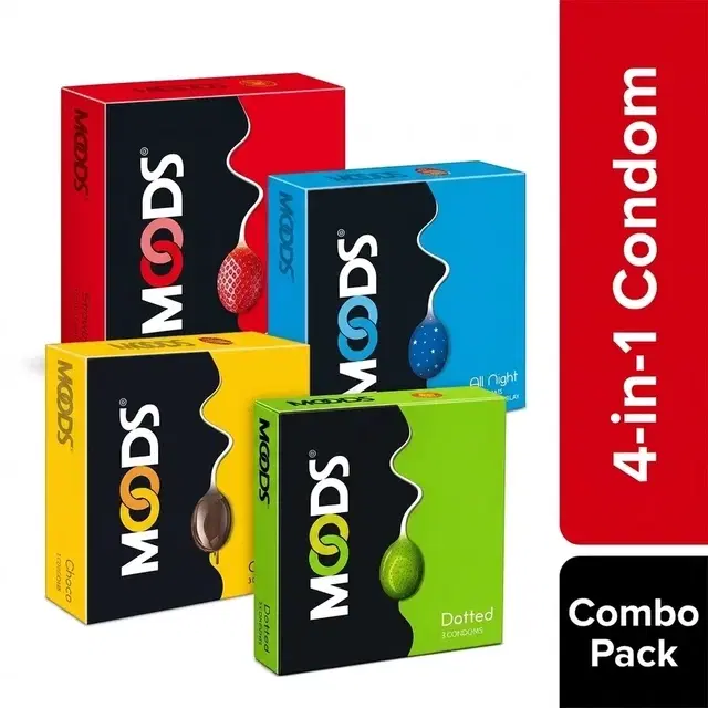 Moods 4-in-1 Condom Combo Pack Strawberry, Chocolate, Dotted & Climax Delay [3 Sheets Each, Pack of 12 Condoms]