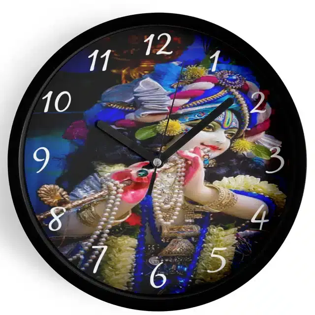 Analog Lord Krishna Wall Clock for Home, Black, 7 Inches