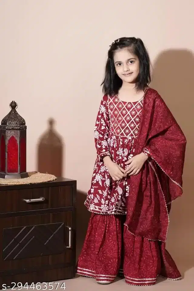 Rayon Printed Kurti with Dupatta & Sharara for Girls (Maroon, 5-6 Years)