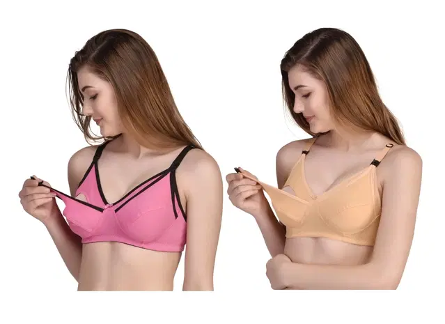 Cotton Blend Solid Non Padded Feeding Bras for Women, Pack of 2 (Multicolor, 32)
