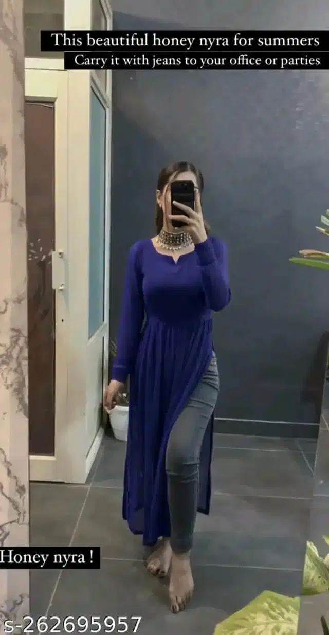 Full Sleeves Gown for Women (Navy Blue, M)