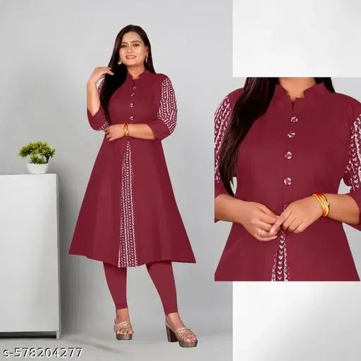 Solid Embroidered A-line Kurti for Women (Maroon, XXL)