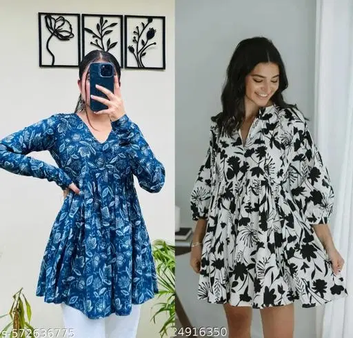 Printed Floral A-Line Kurti Fabrics for Women, Pack of 2 (Multicolor, XS)