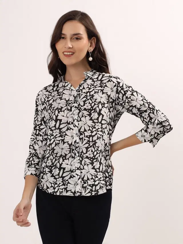 Rayon Printed Shirt for Women, Black (S)