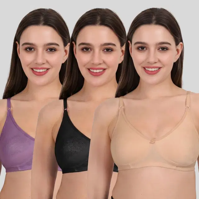 Cotton Bra for Women, Multicolour, Pack of 3 (28B)