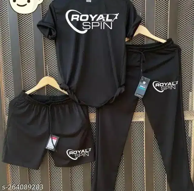 Half Sleeves T-Shirt with Trackpant & Shorts, Set of 1 (Black, S)