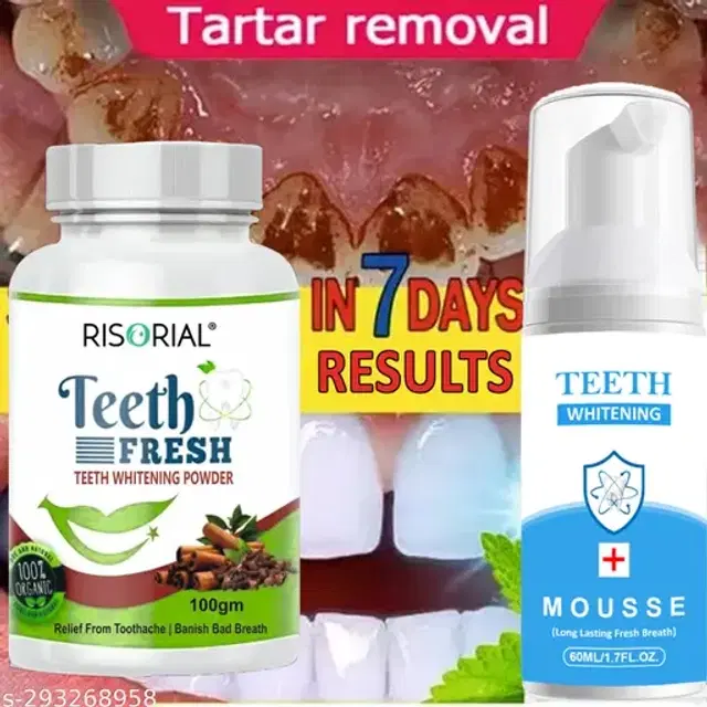 RISORIAL Activated Charcoal Powder, 100 g with Foam Toothpaste Mousse, 60 ml for Teeth Whitening, Set of 2