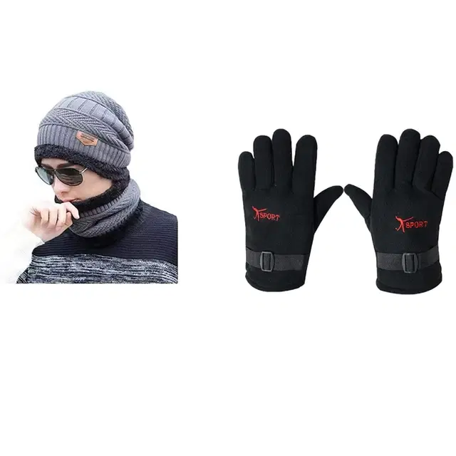 Woolen Cap with Neck Warmer & Gloves for Men & Women, Set of 2 (Multicolor)
