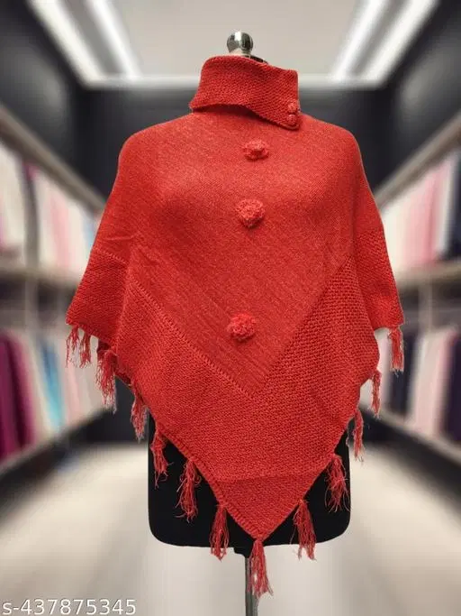 Woolen Poncho for Women (Red, Free Size)
