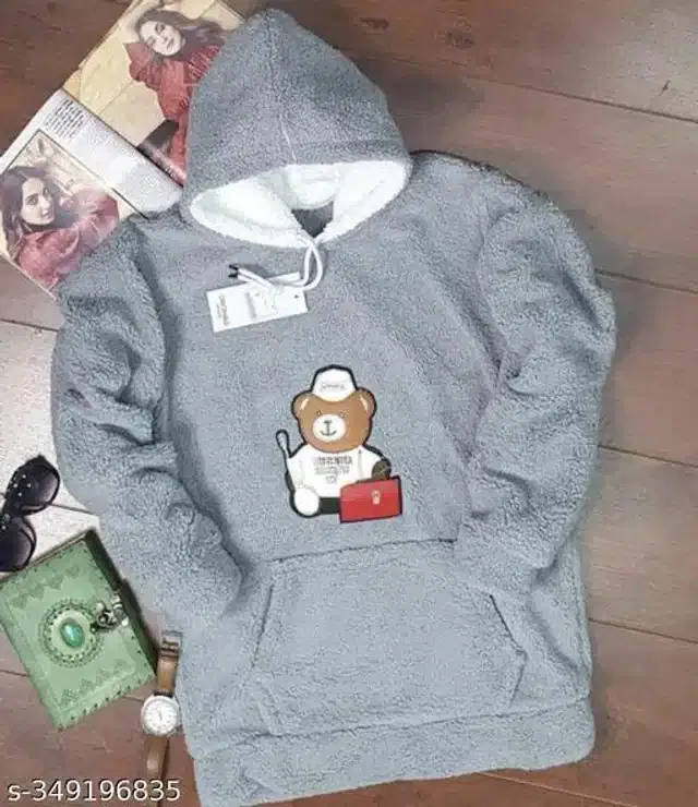 Woolen Full Sleeves Hooded Sweatshirt for Women (Grey, M)