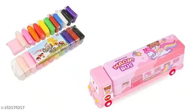 Bus Shaped Pencil Case with 24 Pcs Clay, Multicolor, Set of 2