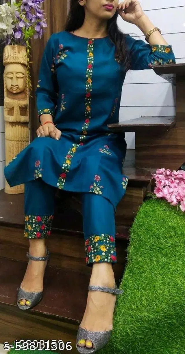 Cotton Silk Embroidered Kurta with Pant for Women (Blue, XL)