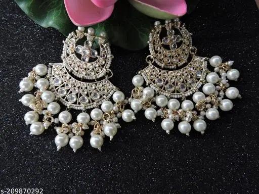 Chandbali Kundan Pearl fitting Big Earrings for Women (White, Free Size)