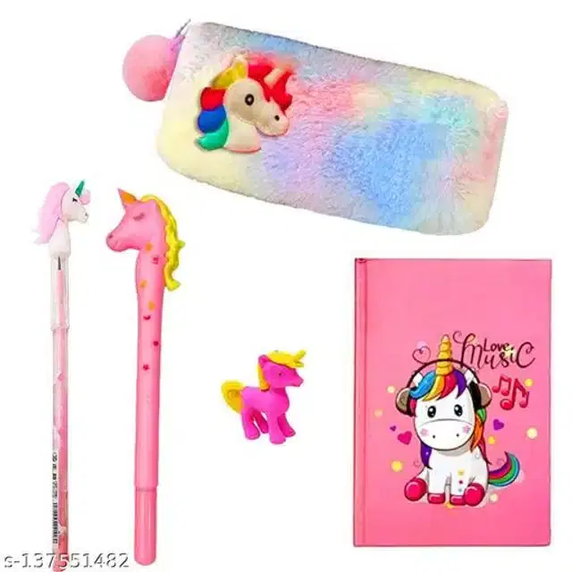 Combo of Unicorn Pouch, Diary, Pen, Pencil & Eraser, Multicolor, Set of 5