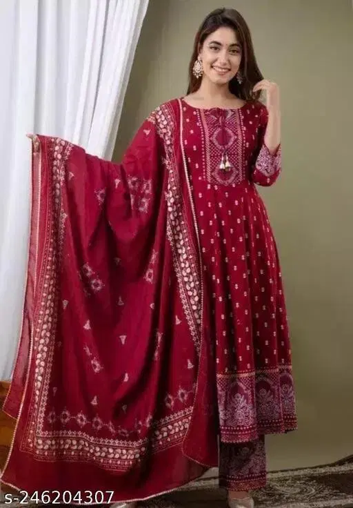 Rayon Printed Anarkali Kurti with Pant & Dupatta Set for Women, Maroon (S)