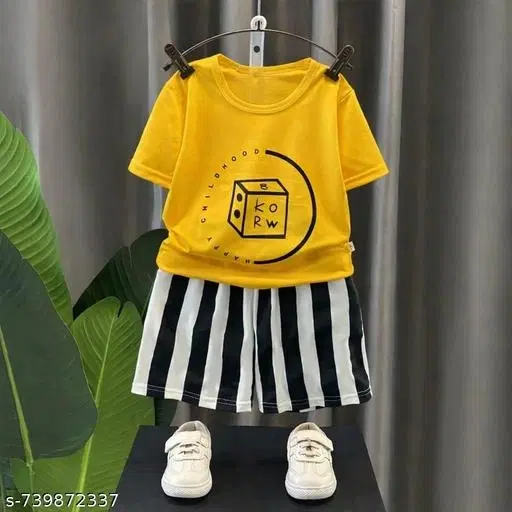 Mustard Short Sleeve Cotton Top & Black/White Vertical Stripe Shorts Set for Kids, Pack of 2 (Yellow, 0-6 Months)