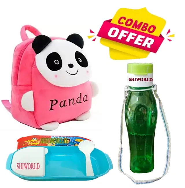 Combo of Fabric School Bag, Water Bottle with Lunch Box for Kids, Multicolor, Set of 3