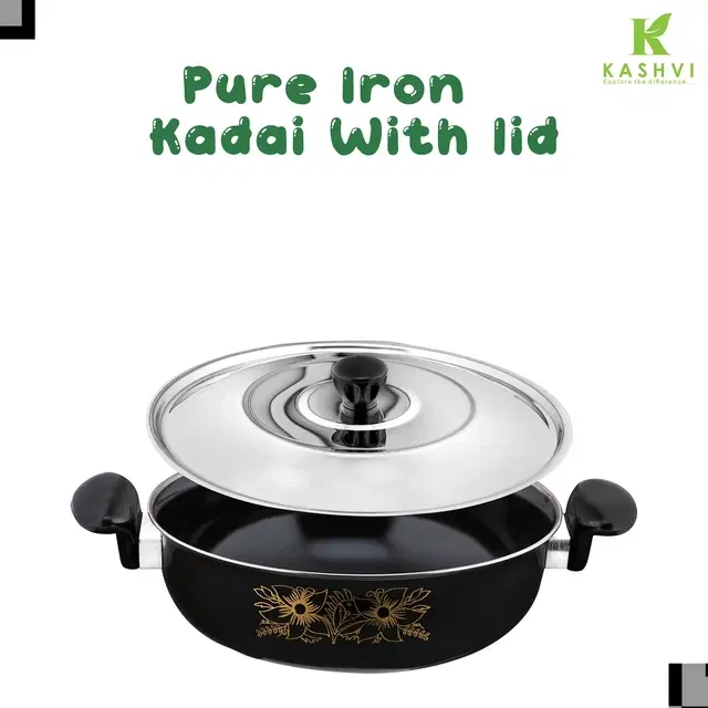 Cast Iron Kadai with Lid, Black & Silver, 28 cm