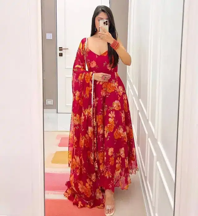 Women's Printed Anarkali Flared Gown (Red, M)