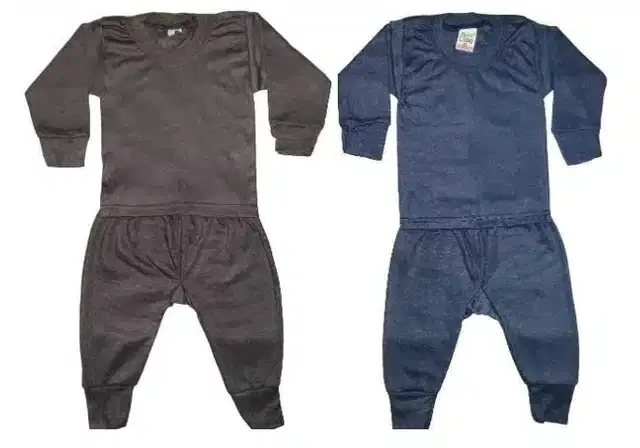 Woolen Solid Top & Bottom Set for Kids, Pack of 2 (Grey & Blue, 0-6 Months)