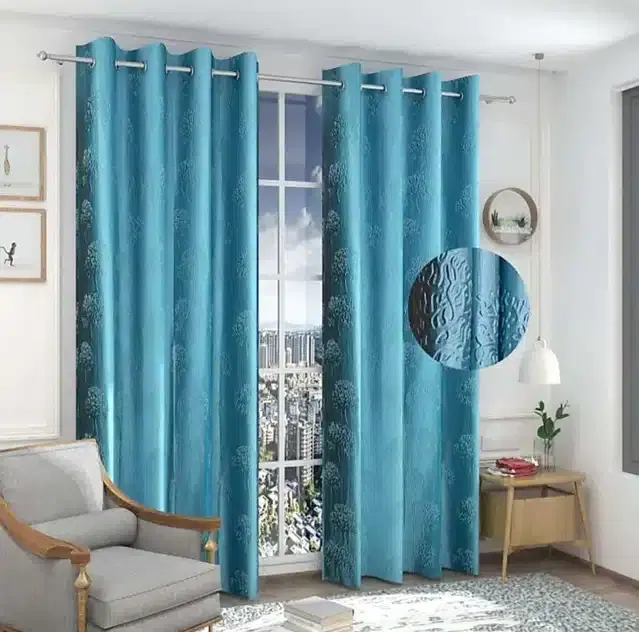 Polyester Embroidered Window & Door Curtains, Pack of 2, Aqua Blue, 5 feet