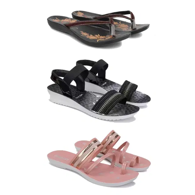 Sandals with 2 Pairs Flats for Women, Set of 3 (Multicolor, 6)