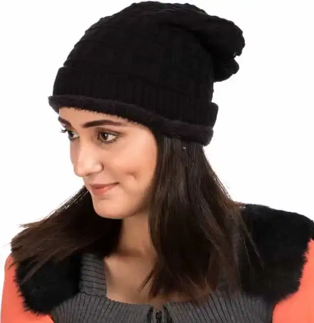 Unisex Women Woolen Fur Cap (Black, Free Size) (BM007)
