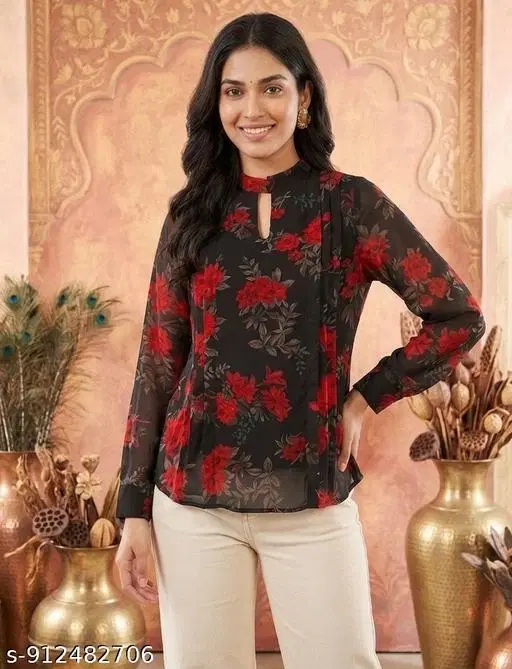 Floral Print Georgette Top for Women (Black, S)