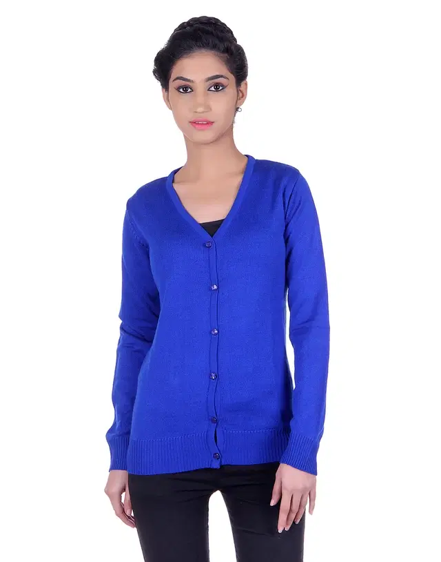 V Neck Solid Cardigans for Women (Royal Blue, M)