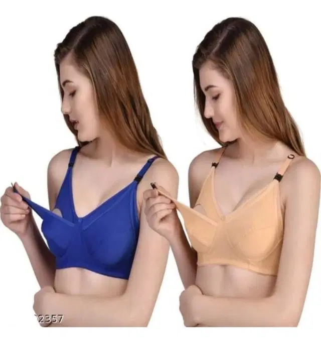 Cotton Blend Solid Non Padded Feeding Bras for Women, Pack of 2 (Multicolor, 40)