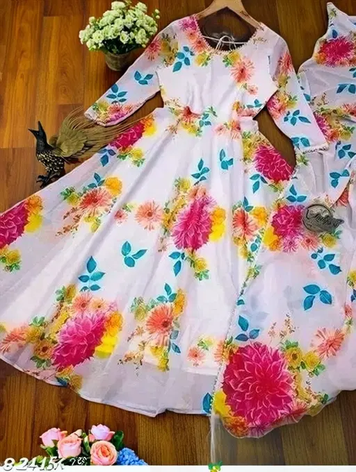 Georgette Printed Gown with Dupatta for Girls (Multicolor, M)