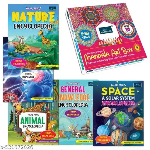 Harmony Mandala Boxx Part 2 + Young Minds Encyclopedia Set of 5: Animal, General Knowledge, Solar System, Naturee & Human Bodyy – Explore diverse topics with this fun educational set!