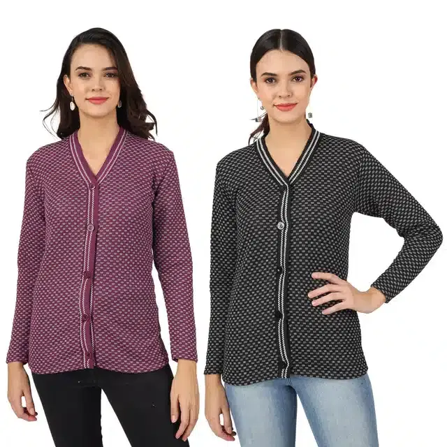 Woollen Blend Full Sleeves Cardigan for Women, Pack of 2 (Purple & Black, L)