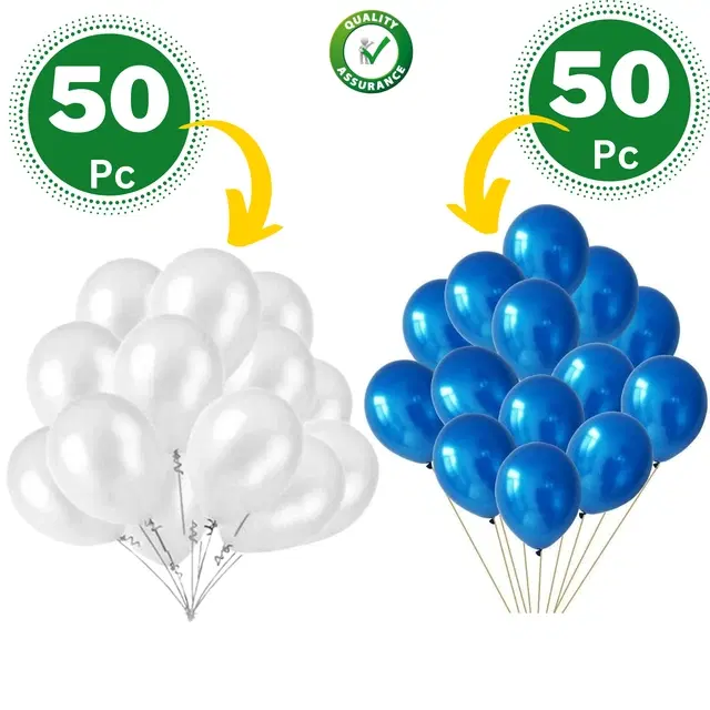 Rubber Premium Metallic Balloons for Party, Blue & White, Pack of 100