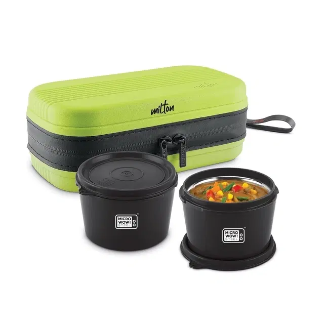 Milton Town Case Microwavable Lunch Box | Inner Steel, Double Wall, Leak-Proof Design | Compact & Durable Lunch Box For Office Use, College, School, (2 X 450 ml), Green