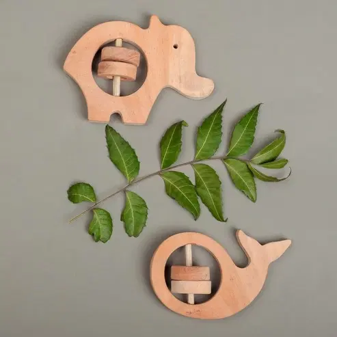 Neem Wood Whale Teether Toys Rattle, Beige, Pack of 2