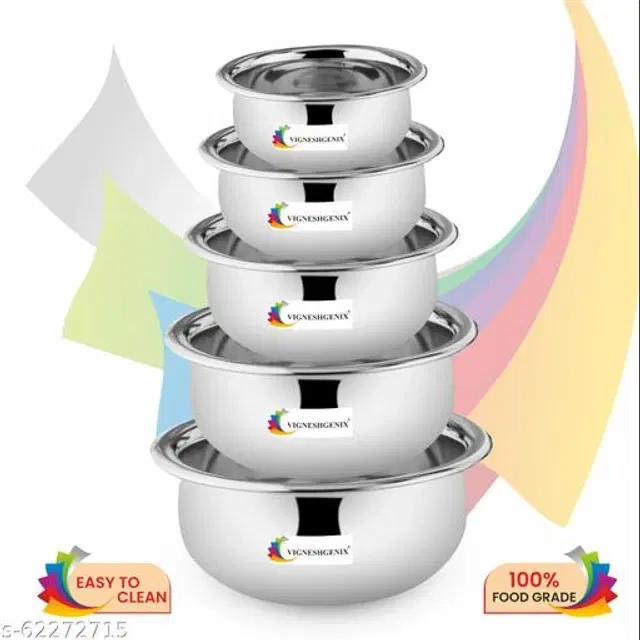 Stainless Steel Copper Bottom Handi Pot Set with Lid, Silver, Set of 5