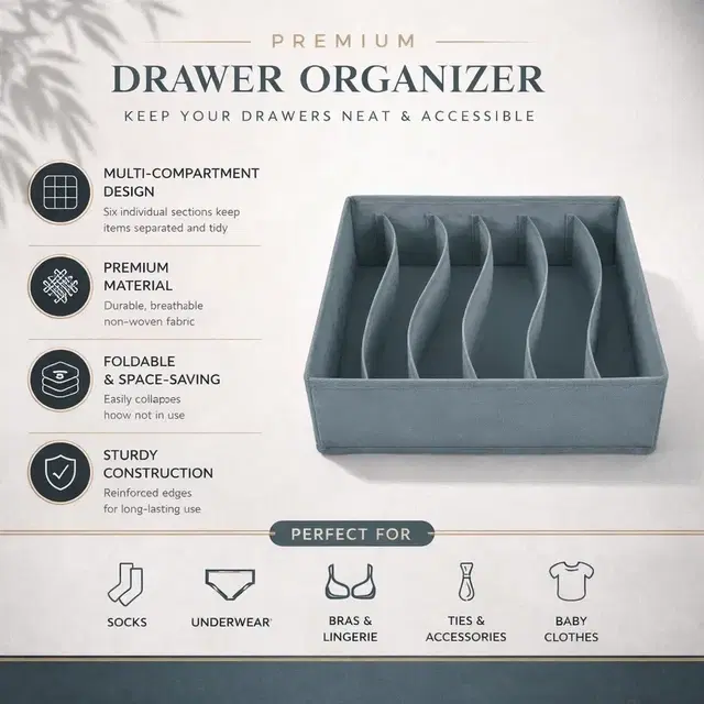 Wardrobe Clothes Organizer, Nonwoven Fabric Durable with 6 Grids partition 32*32*10cm